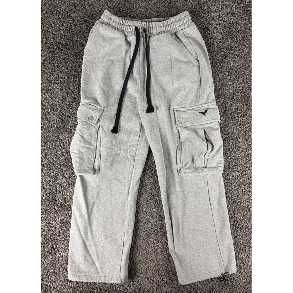 Ditch LA Mens Gray Cargo Sweatpants Small Wide Leg Bat Logo Fleece Joggers